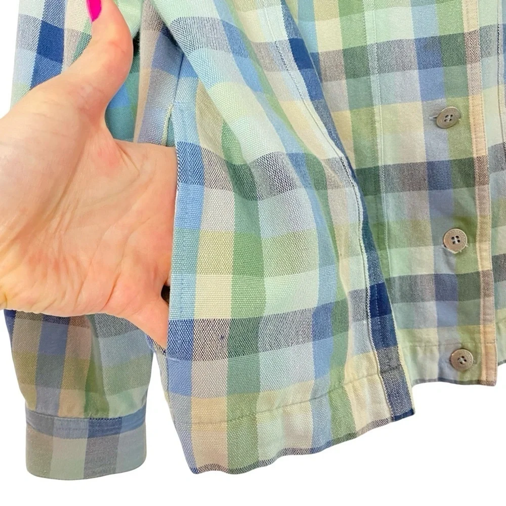 Vintage Plaid Jacket Womens Size 14 Chambray Denim Blue Green Alfred Dunner